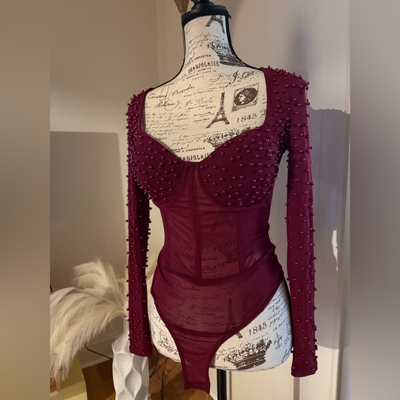 Burgundy Faux Pearl Corset Bodysuit by Windsor - Picture 4 of 7